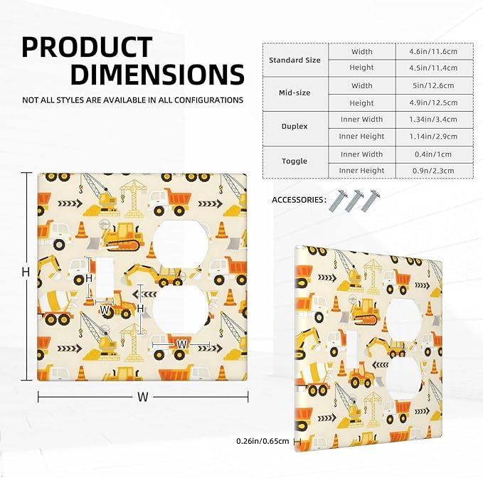Decorative Outlet Covers Construction Vehicle Yellow Trucks Diggers 2 Gang Light Switch Cover Plate Single Toggle Duplex Wall Plates for Electrical Switch Plate Covers for Home Decor