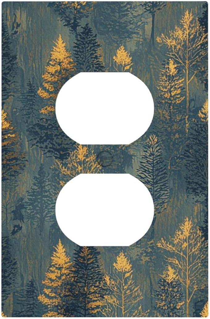 Decorative Outlet Covers with Golden Trees & Abstract Gradient Forest Landscape Design 1 Gang Duplex Light Switch Cover Plate Unique Wall Plates Switchplate Cover for Blue Retro Home Decor