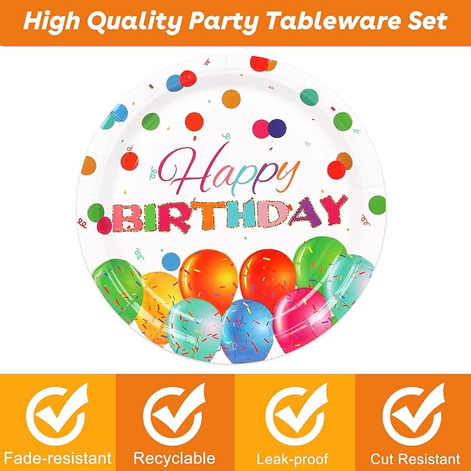 50 Pcs Happy Birthday Plates and Napkins, 9inch Colorful Dots Birthday Cake Dessert Plates, Disposable Paper Dinnerware Set for Birthdays Party Supplies Birthday Balloon, 25 Guests