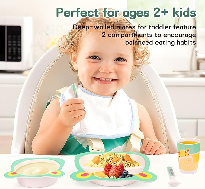 Kids Dinnerware Set, 5-Pieces Includes Divided Plate Bowl Cup Fork Spoon Utensils, BPA Free Bamboo Fiber Material Perfect for Boy and Girls (Giraffe)