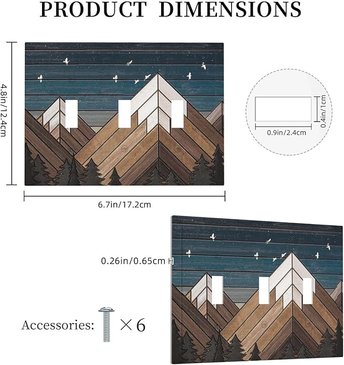 Rustic Geometric Mountain Wilderness Wood 3 Gang Light Switch Cover Triple Toggle Wall Plates Decorator Receptacle Outlet Covers Electrical Switchplate Faceplate for Bedroom Bathroom Kitchen Decor