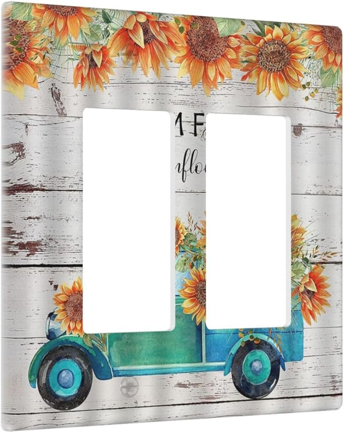Decorative Outlet Covers Teal Farm Truck Pulling Sunflowers 2 Gang Wall Plate Double Rocker Decora Light Switch Cover Plate Jumbo Dual Electrical GFCI Switch Plate Cover for Farmhouse Decor