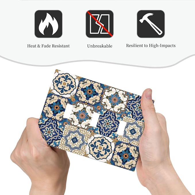 Decorative Switch Plates Mandala Decorative Tile Talavera Moroccan Tiles 3 Gang Wall Plate Faceplate Triple Toggle Light Switch Cover Electrical Wall Panels for Bedroom living Room Decor