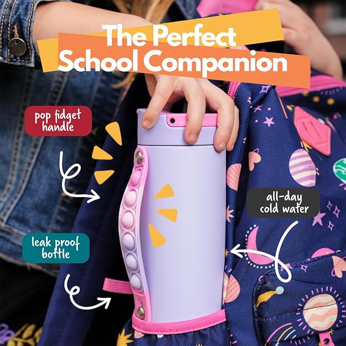 Elemental Iconic Kids Water Bottle for School - 100% Leak-Proof Insulated Water Bottles with Straw Lid & Pop-It Handle for Boys & Girls - Triple-Wall Insulated & BPA-Free, 14oz – Lilac Tie Dye