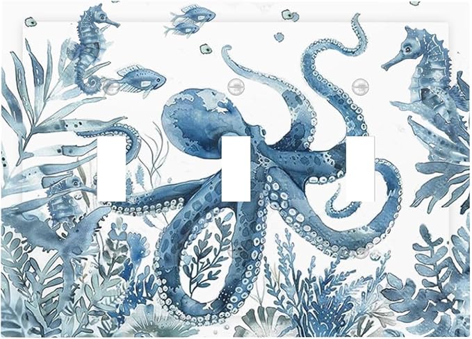 Blue Octopus Squid Seahorse Coral Watercolor Wild Sealife Decorative Switch Plates 3 Gang Wall Plate Triple Toggle Light Switch Cover Faceplate Electrical Wall Panels for Bathroom Kids Room Decor