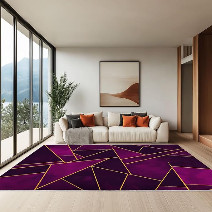 Modern Washable Rug 5 x 7 ft Geometric Gold Line Triangles Living Room Soft Bedroom Carpet, Dark Purple Non Slip Throw Area Rug - Nursery Dining Room Non Shedding Stain Resistant Runner Mat