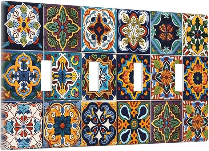 Mexican Talavera Tiles Floral Light Switch Covers Quad Toggle Electrical Faceplate 4 Gang Wall Plate Decorative Switch Plates Cover for Bathroom Kitchen Decor