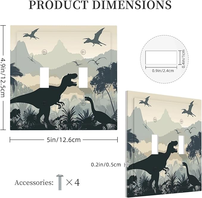 Decorative Switch Plates Prehistoric World Dinosaur Cartoon Fores 2 Gang Double Toggle Outlet Light Switch Cover Wall Plate Electrical Faceplate for Kids Room Nursery Decor