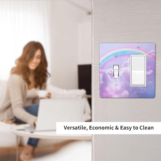 Rainbow in the Clouds 2 Gang Toggle Rocker Light Switch Cover Decorative Pink Combin Wall Plates Purple Cloud Art Panel Cute Dimmer for Bedroom Kidroom Nursery Decor
