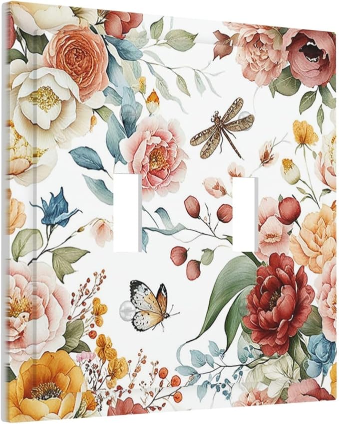 Rustic Style Colorful Peony Butterfly Dragonfly Decorative Switch Plates 2 Gang Double Toggle Wall Plate Electrical Faceplate Outlet Light Switch Cover for Bedroom Living Room Decor