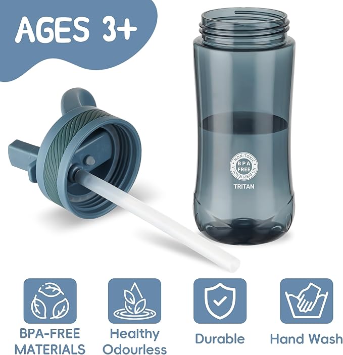 Kids Clear Water Bottle 14oz Flip with Straw Carry Handle, Leakproof, Reusable, Tritan, BPA Free, Suitable for Boys and Girls, Dark blue