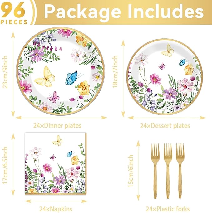 96 Pcs Spring Wildflower Party Decorations for 24 Guests Floral Tableware Plates Napkins Table Decorations Wildflower Dinnerware Party Favor for Birthday Baby Shower Bridal Shower Garden Tea Party