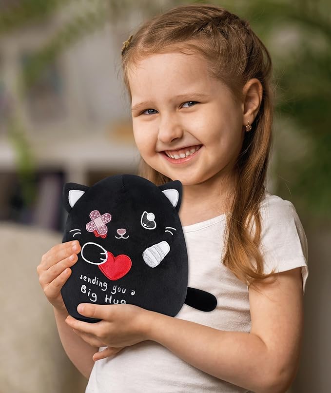 Get Well Soon Cat Plush - Black Cat Stuffed Animals Plushies Toys with Band-Aid Kids' Pillow Cushion Gifts for Patient Girls Boys Valentine's Day Gifts 9 Inch