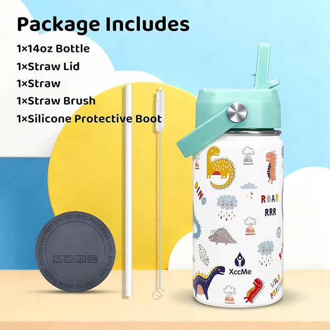 Dinosaur Kids Water Bottle With Straw Lid,14 oz Stainless Steel Travel Bottle,Double Wall Leak Proof Kids Cup,Insulated Tumbler for Toddlers,Metal Cup for School Boys Girls