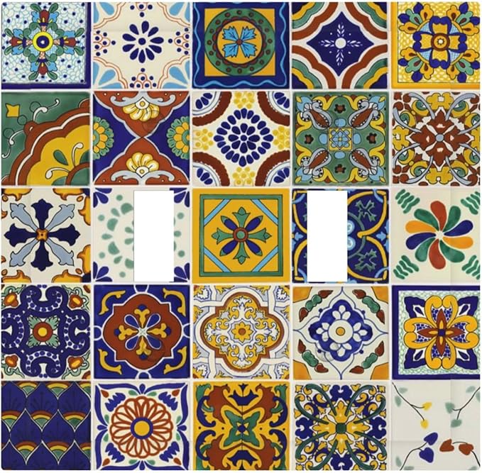 Yellow Talavera Kitchen Mexican Tile Toggle Light Switch Cover Boho Floral Mosaic Ceramic 2-Gang Electrical Decorator Dual Device Face Wallplate Decorative Double Switch Plate Covers Bathroom Decor