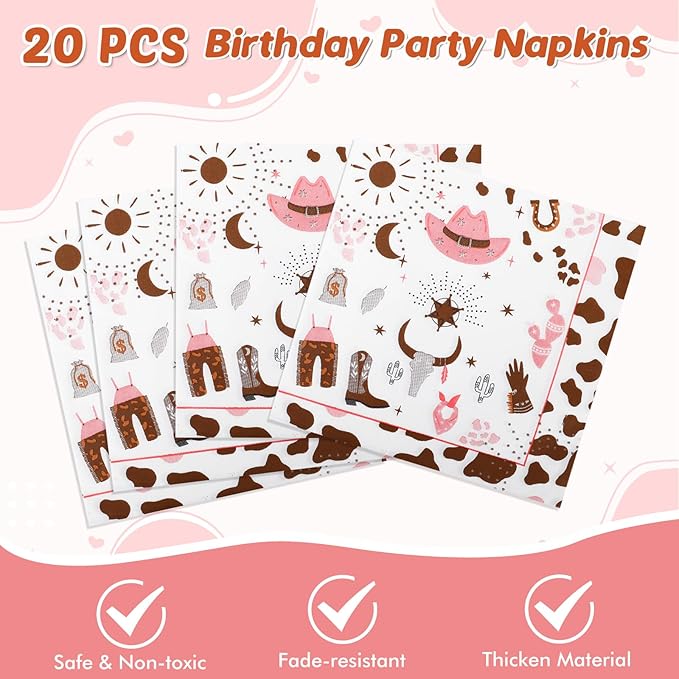 62Pcs Cowgirl Party Decorations Pink Western Cowgirl Party Supplies, 20 9'' Plates 20 7'' Plates 20 Napkins and 2 Cowgirl Tablecloth for Wild West Cowgirl Theme Birthday Party Baby Shower Dinnerware