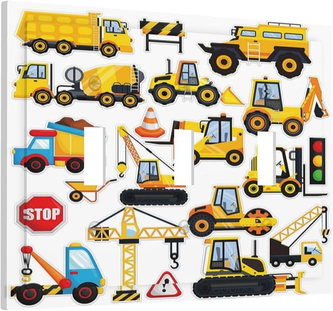 Yellow Truck Cartoon Transportation 3 Gang Light Switch Plate Decorative Triple Toggle Wall Plate Cover Electrical Faceplate Switchcover for Kidroom Bathroom Home Bedroom Art Panel Decor