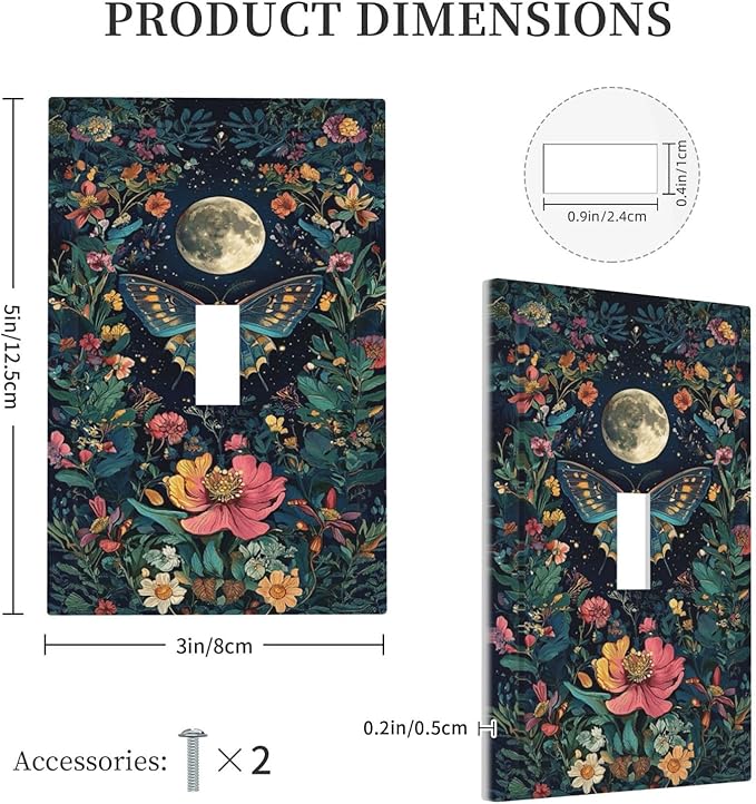 Decorative Light Switch Cover Plate Bohemian Moon Butterfly Floral 1 Gang Single Toggle Wall Plate Electrical Outlet Covers Decorate Switch Plate Cover for Bedroom Cabin Decor