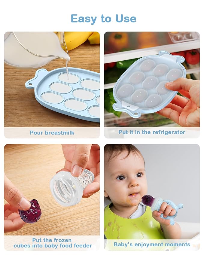 Silicone Baby Fruit Feeder with Freezer Nibble Tray Combo, Baby Teethers, Breastmilk Popsicle Molds for Teething Relief, BPA Free Fresh Food Feeder for Safe Infant Self Feeding (Sky Blue)