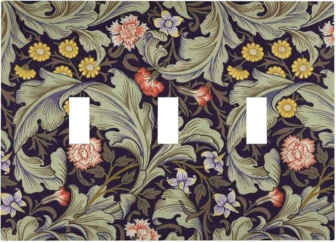 Boho William Morris Floral Green Leaves Flower Decorative Switch Plates 3 Gang Wall Plate Triple Toggle Light Switch Cover Faceplate Electrical Wall Panels for Farmhouse Home Decor