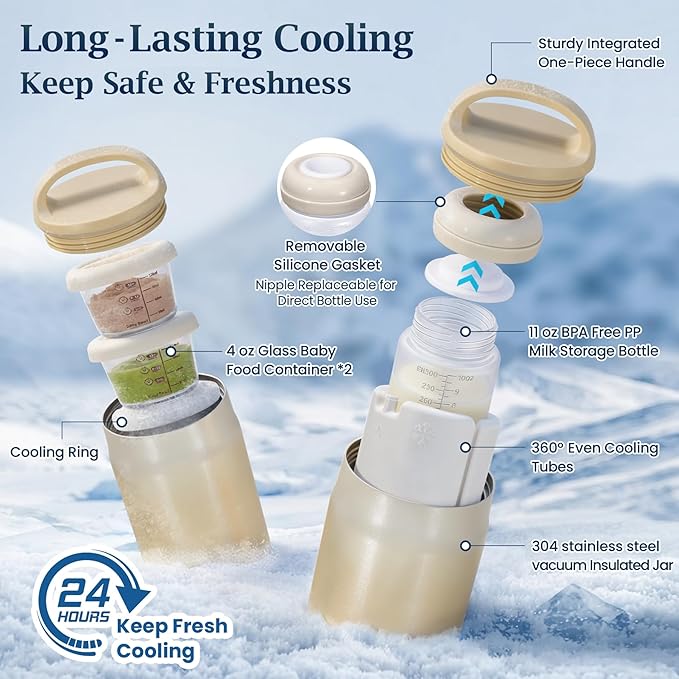 3-in-1 Breast Milk Cooler for 24H 360° Cooling, 11oz Breastmilk Chiller with Bottle & 8oz Baby Food Containers & 27oz Insulated Food Jar, Fits from Baby to Adult for Outdoor, Work & Travel - Mocha