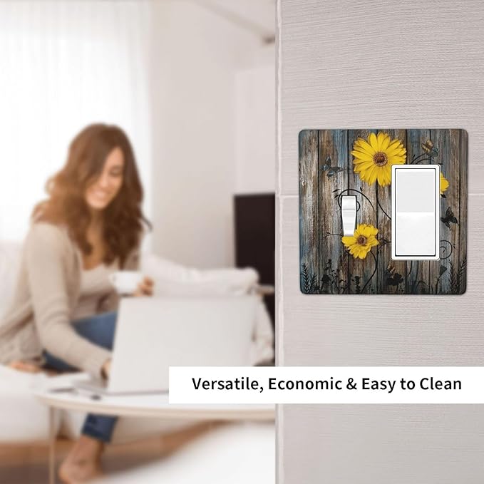 Rustic Barn Sunflower Wooden Daisy Flower Plank Outlet Covers 1 Toggle 1 Rocker Combination Decorative Wall Plate Electrical Switch Plates Light Switch Cover Plate for Farmhouse Home Decor