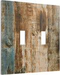Vintage Brown Wood 2 Gang LightSwitch Plate Cover Double Toggle Wall Plate Decorative Faceplate Electrical Wallplate Farmhouse Blue Grey Wood Barn Door Kitchen Bathroom Bedroom Home Decor 5" x 4.9
