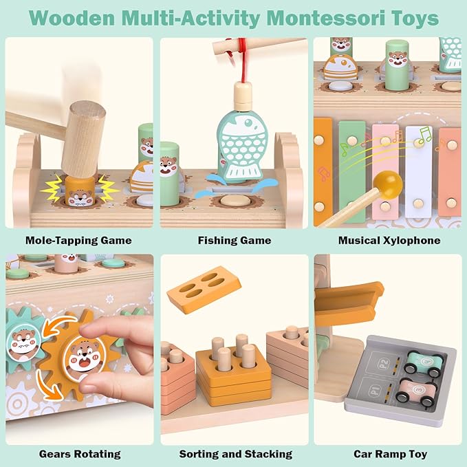 Weilim Montessori Toys for 1 Year Old, Wooden Car Ramp & Hammering Pounding Xylophone Toy for Toddlers 1-3, Shape Sorter Stacking Blocks, Educational Fine Motor Activity Toys Gift for Baby Boy Girl