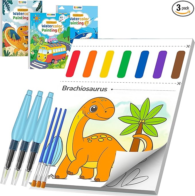 TECJOE 3 Pack Paint with Water Coloring Books for Toddlers, Mess Free Watercolor Painting Set with 6 Brushes, Travel Art Craft Activities Toys Birthday Gifts for Kids Ages 3-8, Traffic, Sea & Dinosaur