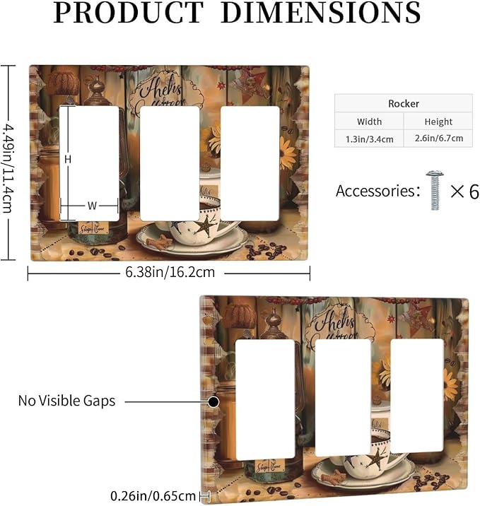 Decorative Outlet Covers Vintage Coffee Pot Star Farmhouse Wood Plank 3 Gang Wall Plate Triple Rocker Decora Light Switch Cover Plate Jumbo Electrical GFCI Switch Plate Cover