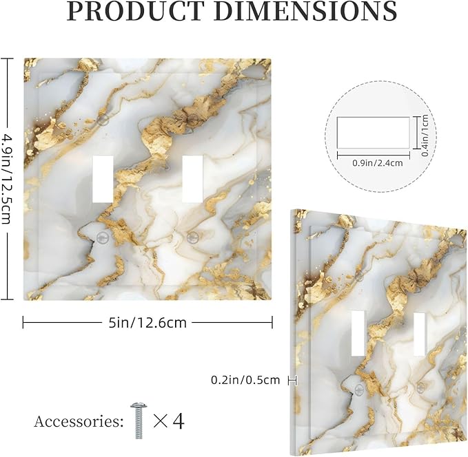 Luxurious White Gold Marble Patterns Abstract Decorative Switch Plates 2 Gang Double Toggle Outlet Light Switch Cover Wall Plate Electrical Faceplate for Bathroom Kitchen Decor