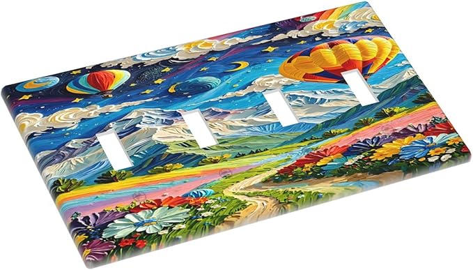 Hot Air Balloons Floral Vibrant Colors Flowers Mountains Stars Moon Light Switch Covers Quad Toggle 4 Gang Wall Plate Decorative Switch Plates Electrical Faceplate for Bedroom Kids Room Decor