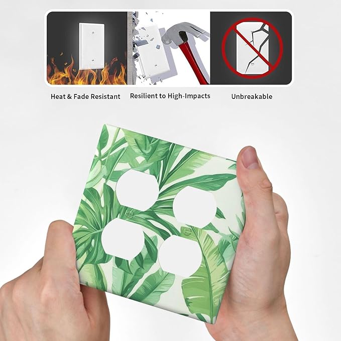 Outlet Covers Tropical Palm Tree Leaf Green Plant 2 Gang Double Duplex Decorative Light Switch Covers Electrical Wallplates Socket Faceplate For Bed Room Living Room Decor