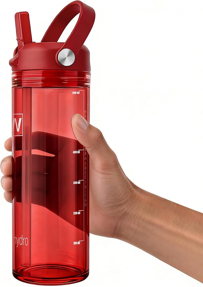 20oz Kids Water Bottle, BPA Free Thick Tritan Plastic Reusable, Clear Water Bottle with Straw, Leakproof Lid, Dishwasher Safe, Boy girl for School,Travel True Red
