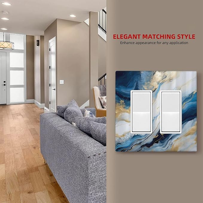 Abstract Blue Granite Luxury Watercolor Marble Texture Print 2 Gang Rocker Decora Light Switch Covers Decorative Unique Dual Outlet Covers Wall Plate Electrical Faceplate Switchplate GFCI for Kitchen