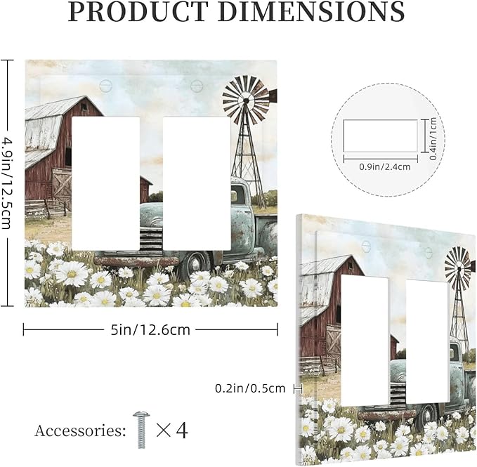 Retro Trucks Old Barn Windmill Teal Car Rustic Decorative Outlet Covers 2 Gang Double GFCI Rocker Electrical Wall Panels Light Switch Cover Plate for Farmhouse Home Decor