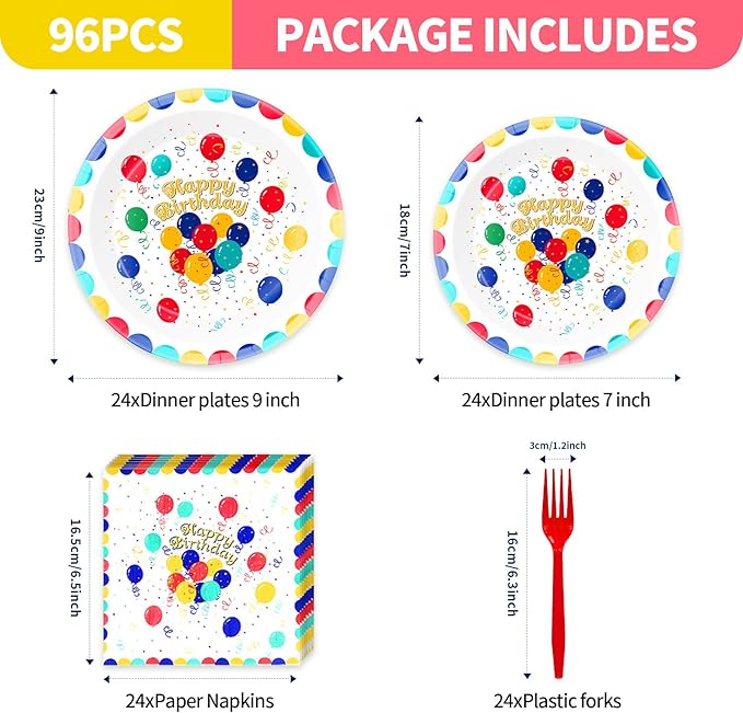 Birthday Party Supplies for 24 Guests – 96-Piece Disposable Party Tableware Set with Plates, Birthday Plates and Napkins, Forks, Colorful Balloons Party Supplies, Heavy Duty for Kids & Adults