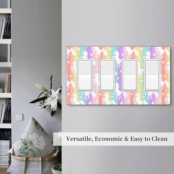 Colorful Kids Girls Cute Purple Rainbow Unicorns 4 Gang Quad Screwless Rocker/GFCI/Decorator Outlet Light Switch Cover Wall Plate Nursery Decorative Electric Device Faceplate Decorative Switchplate