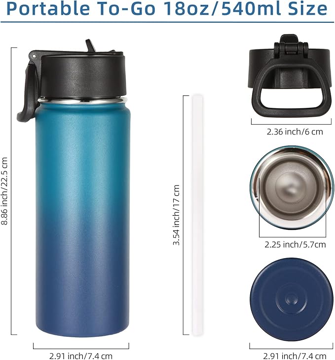 Volhoply 18oz Insulated Water Bottle Bulk 2 Pack,Kids Stainless Steel Water Bottles with Straw Lid,Wide Mouth Reusable Metal Cups,Double Wall Vacuum Sports Flask Keep Hot and Cold(Dark Night,2 Set)