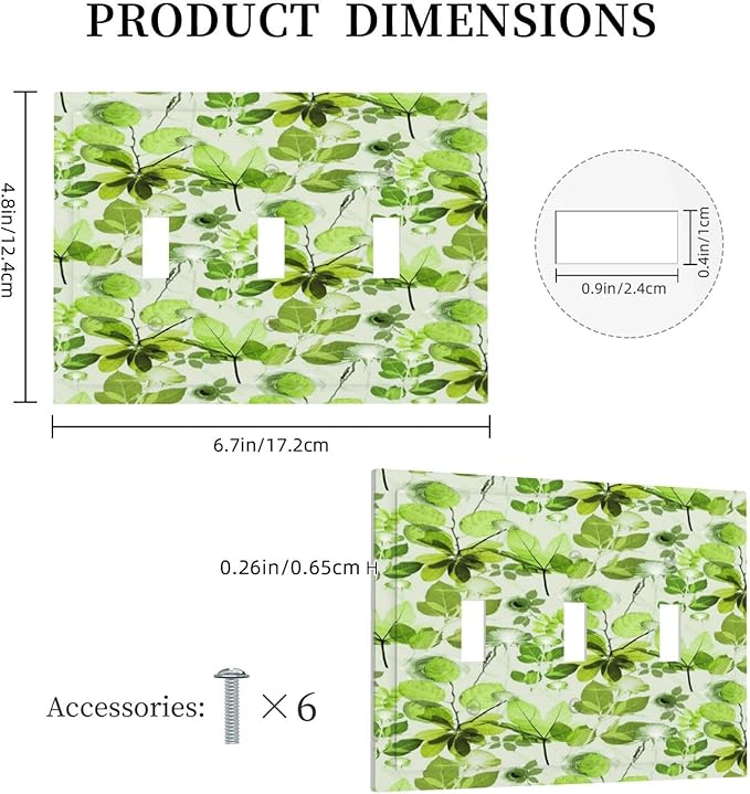 Green Leaves Spring Plant Floral Decorative Switch Plates 3 Gang Wall Plate Triple Toggle Light Switch Cover Faceplate Electrical Wall Panels for Bed Room Living Room Decor