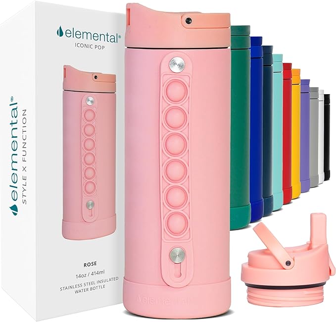 Elemental Iconic Kids Water Bottle for School - 100% Leak-Proof Insulated Water Bottles with Straw Lid & Pop-It Handle for Boys & Girls - Triple-Wall Insulated & BPA-Free, 14oz – Rose