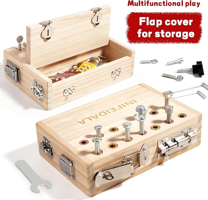 INIFEIDALA Montessori Busy Board - Wooden Sensory Activity Toy for 3-5 Year Olds with Locks, Keys & Screwdriver Tool Set | STEM Educational Gift for Fine Motor Skill Development