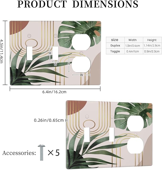 Middle Mid Century Boho Sun Green Palm Leaf 3-Gang Combination Wall Plate 2 Toggle 1 Duplex Receptacle Outlet Cover Decorative Tropical Orange Abstract Art Combo Device Light Switch Faceplate Cover