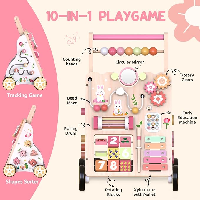 Wooden Baby Walker, Push Walker with Wheels, Montessori Activity Center Walker for Toddlers 12+ Months, Adjustable Height & Speed Learning Walking Toy for 1 Year Old Boys and Girls (Pink)