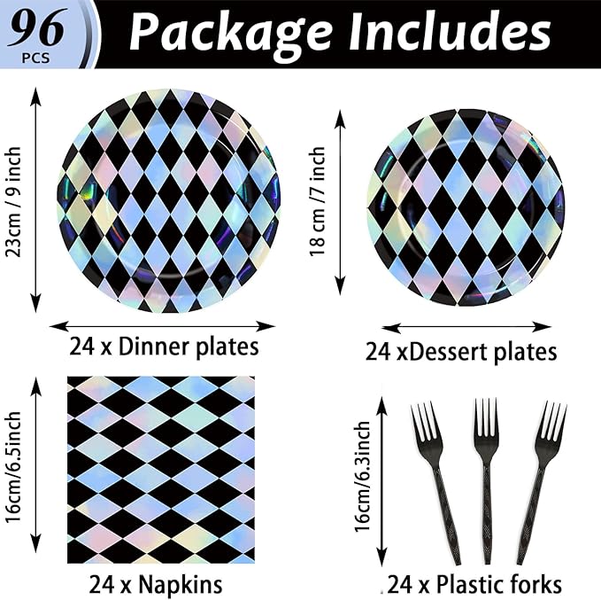 96Pcs Black and Iridescent Checkered Diamond Plates and Napkins for Iridescent Party Supplies Black Gingham Themed Paper Dessert Plates Race Car Tableware Set for 24 Guests Birthday Party Decorations