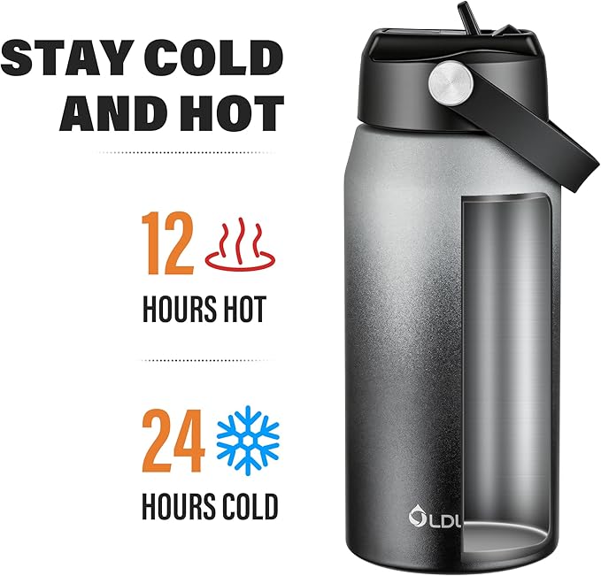 Oldley 18oz Insulated Water Bottle with Straw, Stainless Steel Water Bottle for Sports, Travel, School, BPA-Free Sports Bottles for Adult Kids, Leak-Proof, Gray-Black