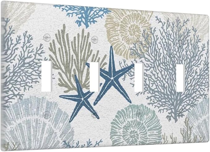 Blue Nautical Beach Coral Starfish 4 Gang Quad Toggle Light Switch Cover Plate Decorative Electric Faceplate Decorative Switchplate Screwless