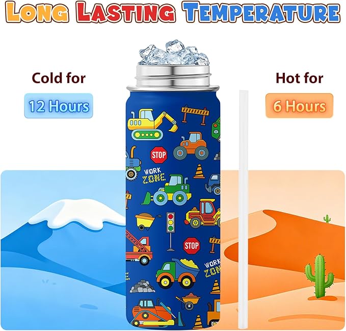 Construction Gifts for Men & Women - 18 Oz Water Bottle with Straw Lid, Stainless Steel Insulated Bottle, Leak Proof, BPA-Free, for Boys, Travel - Truck Lovers Teen Birthday Gifts Cups(1pc)