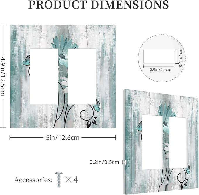 Teal Daisy Vintage Flower Butterfly Rustic Wood Print Decorative Outlet Covers 2 Gang Double GFCI Rocker Electrical Wall Panels Light Switch Cover Plate for Farmhouse Home Decor