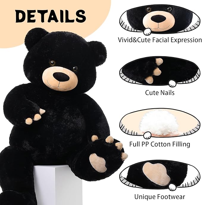 Toys Studio 5 Feet Giant Teddy Bear, 59 inch Big Black Bear Woodland Stuffed Animal Life Size Plush Toy with Footprints, Gift for Girlfriend Kids Christmas Birthday Valentine's Day